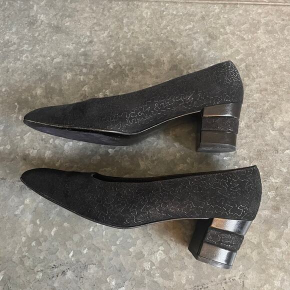 Vintage Salvatore Ferragamo Florence Suede Geometric Block Heel 10 Black Leather - Picture 5 of 9